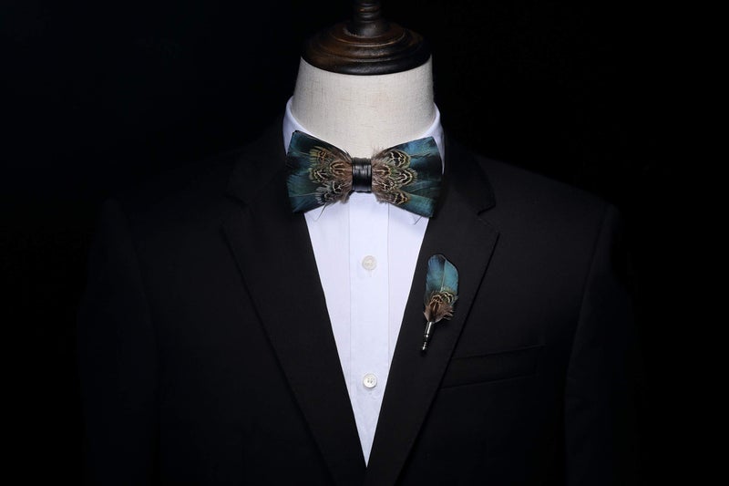 RBOCOTT Blue Feather Pre-tied Bow tie Leather Bowtie and Brooch Sets for Men(1) - Image 4